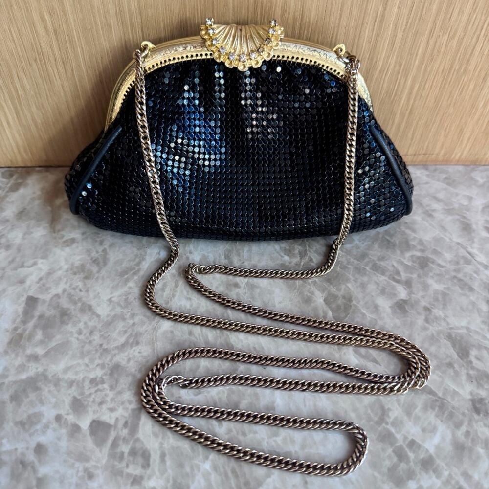 Vintage Whiting and Davis Black Metal Mesh and Gold tone cross Body Evening bag